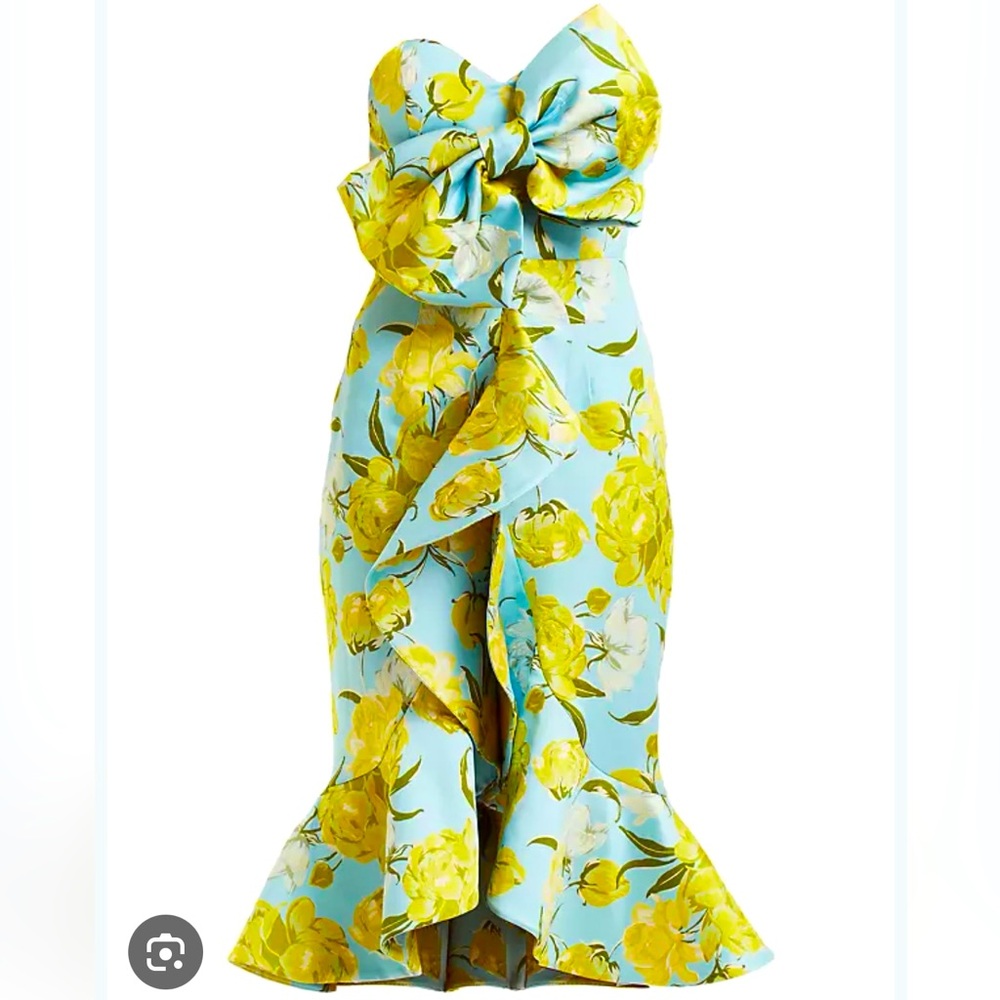 Strapless Floral Bow Midi Dress in Blue and Yellow